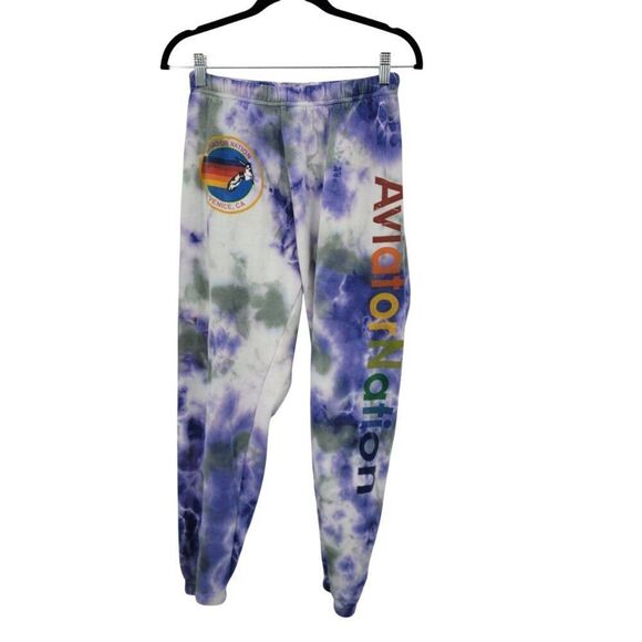 Aviator Nation Hamptons Sweatpants Sz S Logo Tie-Dye Cloud Purple Spell Out - Picture 1 of 13